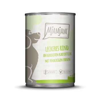 Dosen-Hundefutter, beschriftet mit "Mjamjam", mit einer grauen Hundesilhouette, mit dem Text "Leckeres Rind an gekochten Kartoffeln mit knackigen Erbsen."